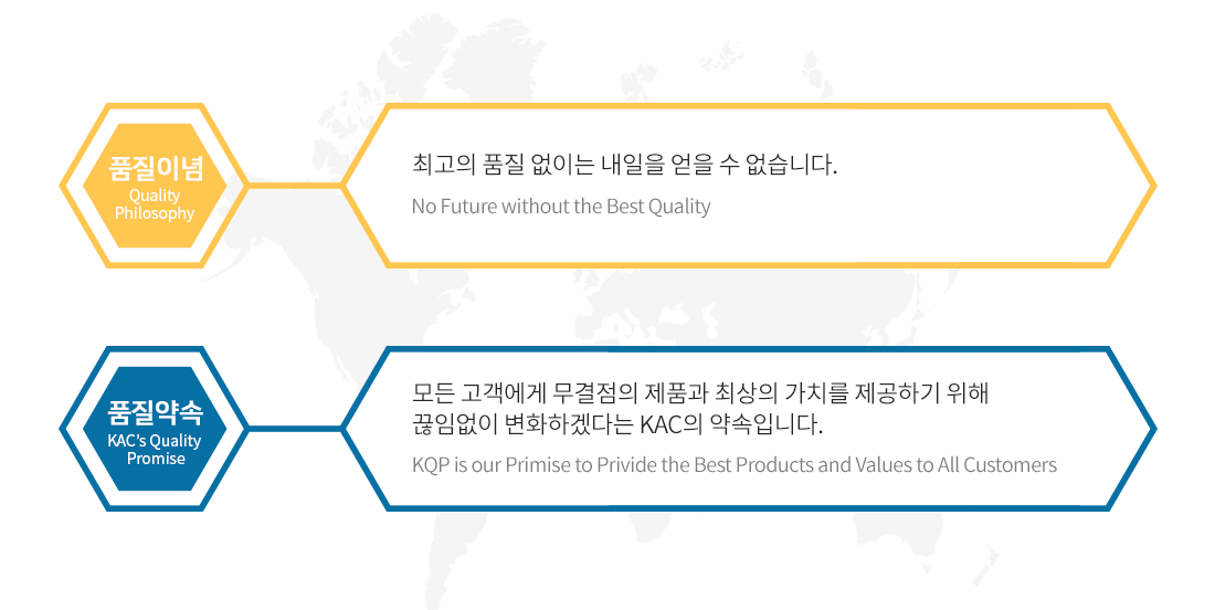 품질이념(Quality Philosophy) : 최고의 품질 없이는 내일을 얻을 수 없습니다. No Future without the Best Quality
					품질약속(KAC's Quality Promise) : 모든 고객에게 무결점의 제품과 최상의 가치를 제공하기 위해 끊임없이 변화하겠다는 KAC의 약속입니다. KQP is our Primise to Privide the Best Products and Values to All Customers